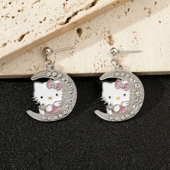 Hello Kitty Moon Pendant Diamond Earrings - Picture 4 of 6